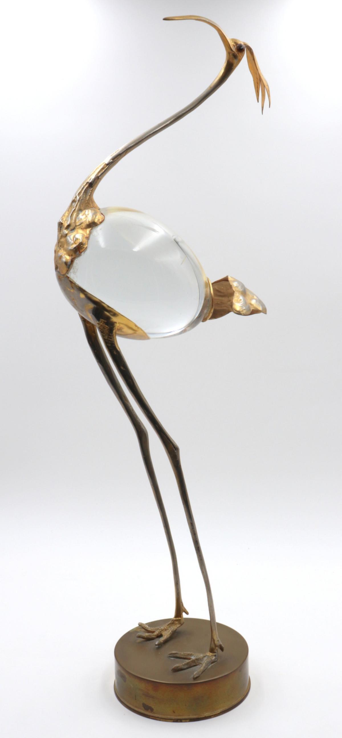 Vintage Signed Brass & Glass Ibis Sculpture: Vintage Signed Brass & Glass Ibis Sculpture. Illegible signature on base, Franco Lagini style. Measures approx. - 26 1/2" high x 9 1/4" wide.