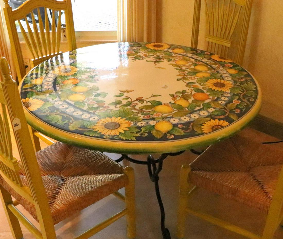 Beautiful Italian Hand Painted Terracotta Dinner Table: Beautiful Italian Hand Painted Terracotta Round Dinner Table. Measures approx. - 30" high x 51" diameter.