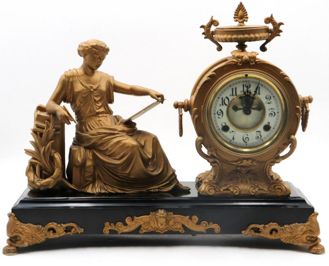 Antique New Haven Gilt Metal Mantel Clock: Antique New Haven Clock Co. Gilt Metal Mantel Clock. Measures approx. - 16" high x 20" wide x 7" deep.