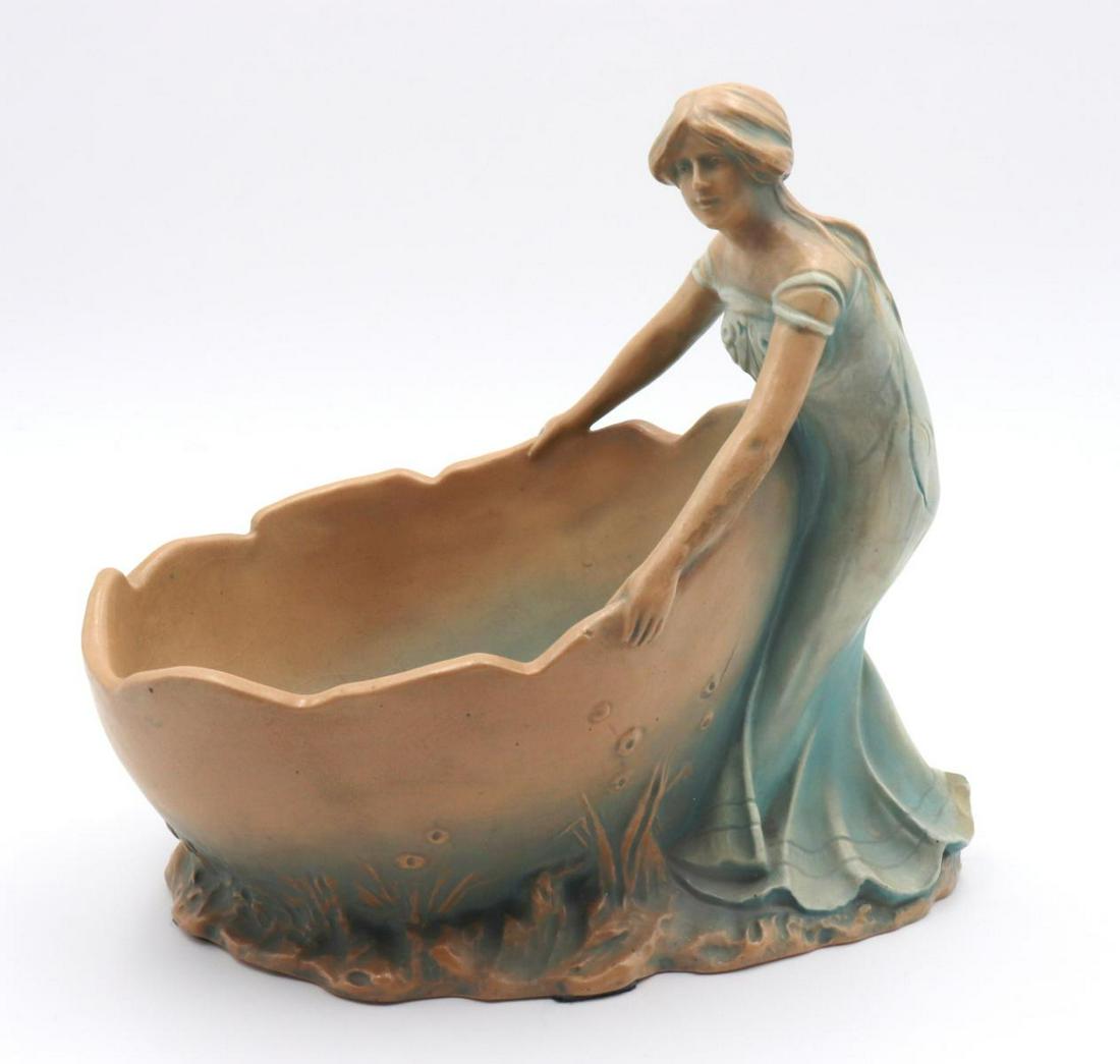 Bernard Bloch Art Nouveau Pottery Figural Bowl: Bernard Bloch Art Nouveau Pottery Figural Bowl. Measures approx. - 9 1/2" high x 10 1/4" long.