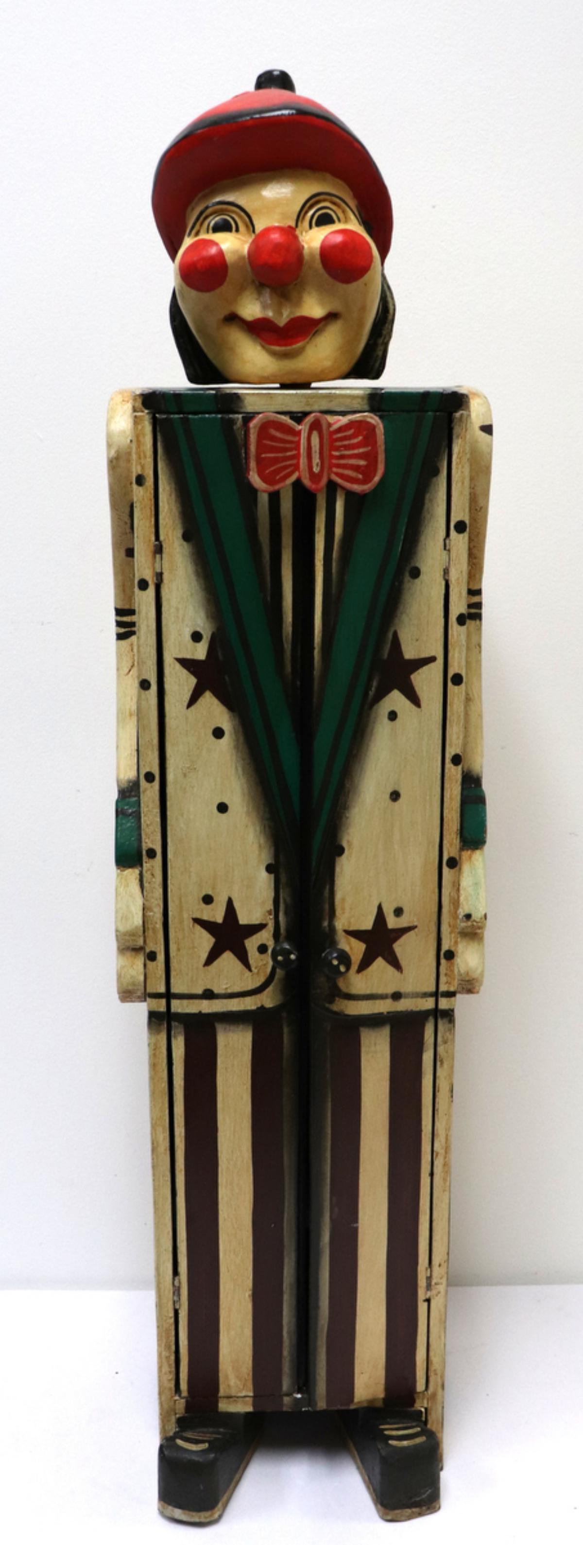 Whimsical Wooden Clown Cabinet: Whimsical Wooden Clown Cabinet. Measures approx. - 40" high x 10" wide.