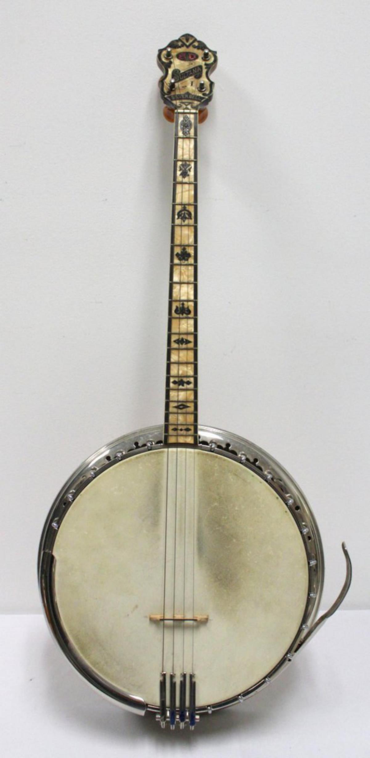 Vintage B&D Sultana Silverbell Tenor Banjo: Vintage B&D Sultana Silverbell Tenor Banjo. With case and a Mel Bay Tenor Banjo book. Measures - 34 1/2" long x 15" wide.