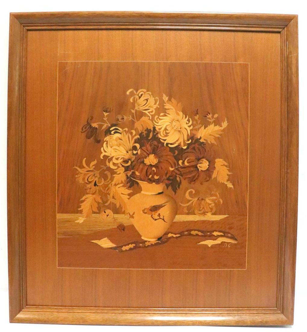 Buchschmid Gretaux Inlaid "Still Life" Wooden Panel: Vintage German Buchschmid Gretaux Inlaid (Marquetry) "Still Life" Wooden Panel. Signed "BG". Depicting a bouquet of flowers on a table. Measures approx. - 28" wide x 30 1/2" high (total with frame).