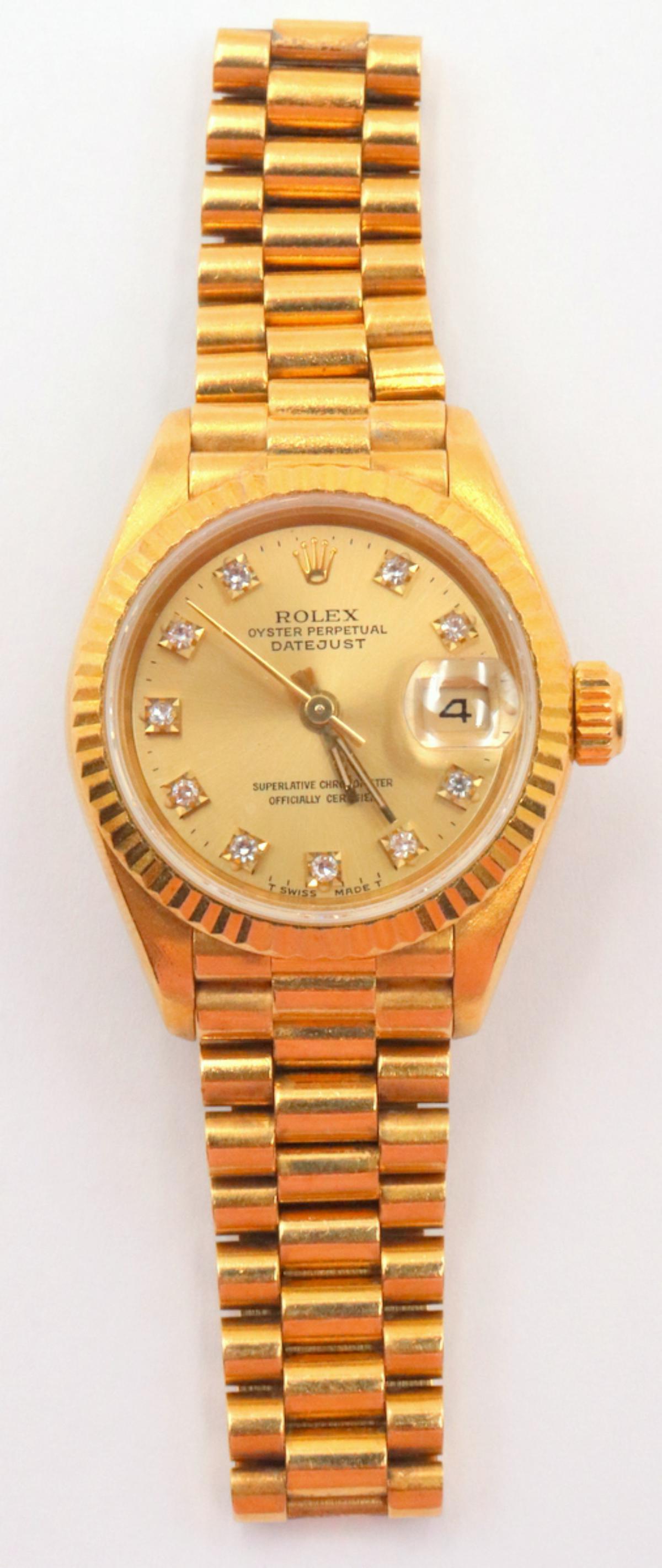 Vintage Rolex "Presidential" 18Kt & Diamond Watch: Vintage Rolex "Presidential" 18Kt Yellow Gold & Diamond Women's Watch. Weight - 48 dwt. PLEASE NOTE – FOR THIS LOT, WE WILL ONLY ACCEPT PAYMENTS BY WIRE TRANSFER OR CHECK, NO EXCEPTIONS!
