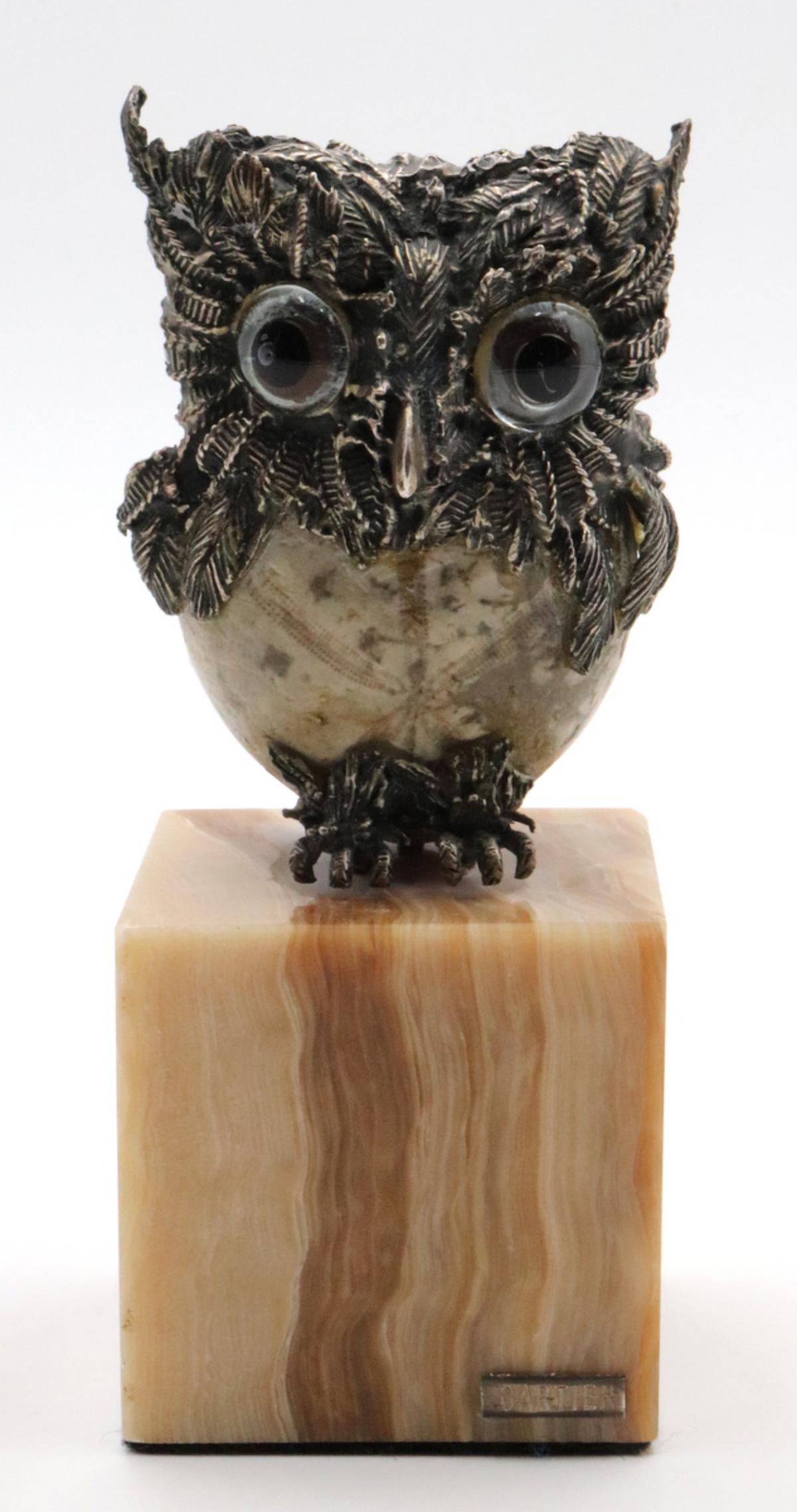 Aurelio Teno (Spanish, 1927-2013) Owl Sculpture: Aurelio Teno (Spanish, 1927-2013) Owl Sculpture. Marked "Cartier" on front. Sterling Silver over seashell sculpture. Limited edition. Numbered - # 32/200. Measures approx. - 5 1/2" high.