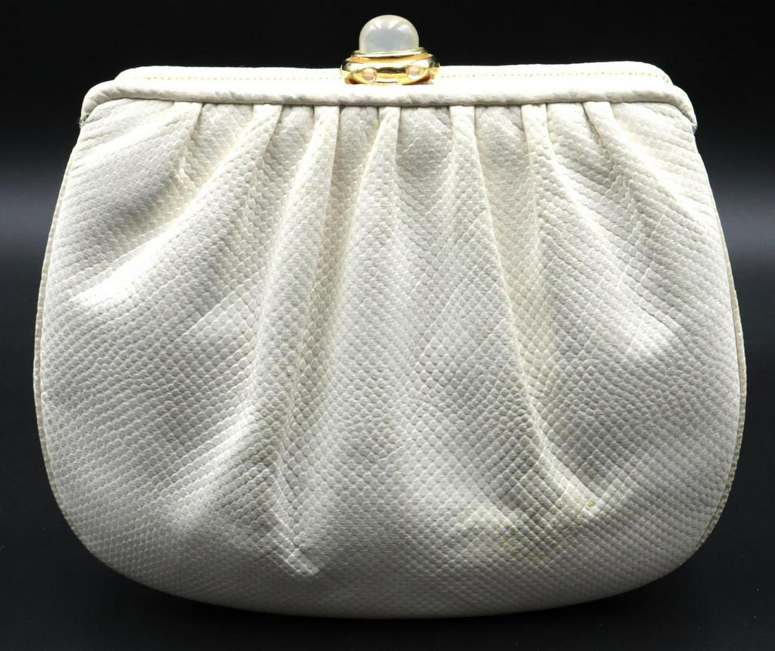 Judith Leiber White Karung Purse: Judith Leiber White Karung Purse. Measures approx. - 6" high x 7" wide.