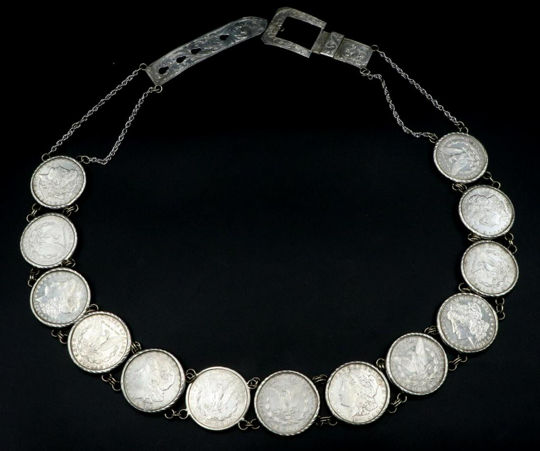 Vintage Morgan Smith Sterling Silver Dollar Belt: Vintage Morgan Smith Sterling Silver Dollar Belt. Measures approx. - 37 1/4" long. Weight - 14.695 troy oz.