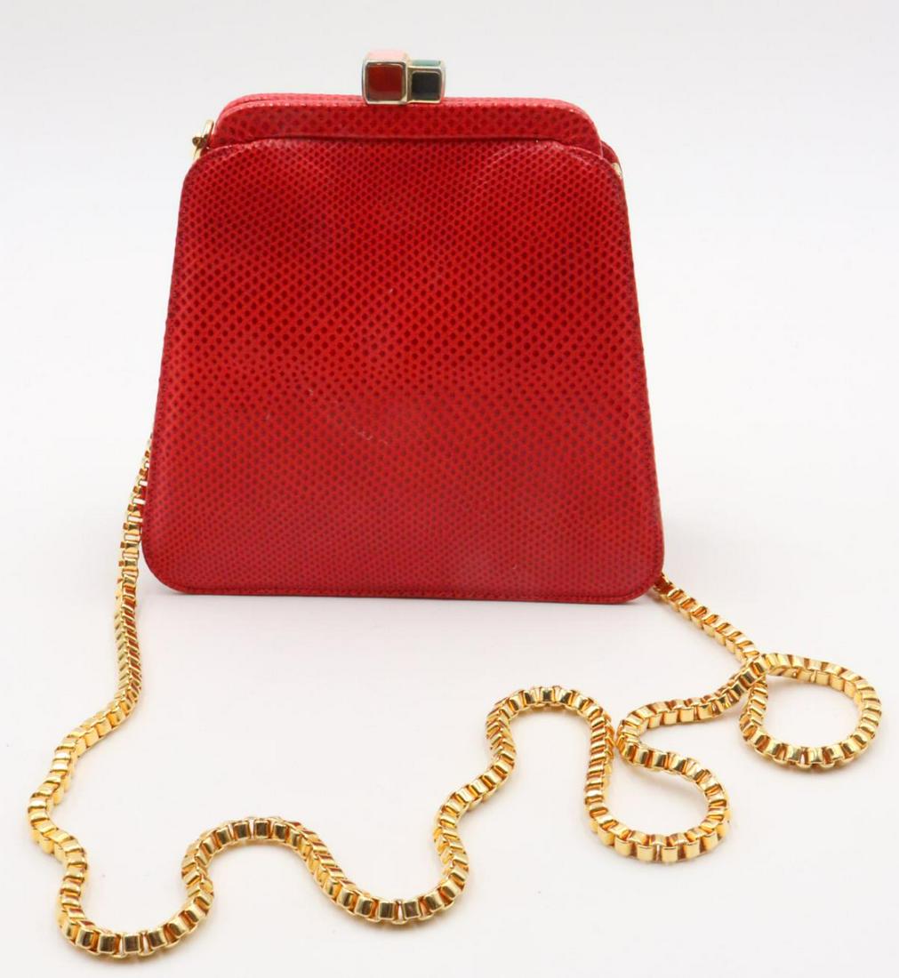 Vintage Judith Leiber Red Karung Purse: Vintage Judith Leiber Red Karung Purse. With original box. Measures approx. - 5 3/4" high x 6" wide.