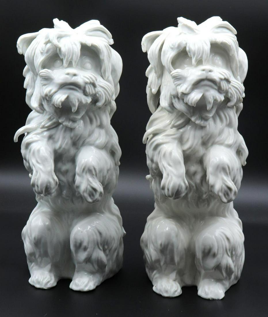 Antique Meissen White Porcelain Yorkies: Antique 19th Century Meissen (German) White Glazed Porcelain Yorkies. Measures approx. - 12 1/4" high x 7" deep x 5" wide. Please note - one dog has a chip on foot.