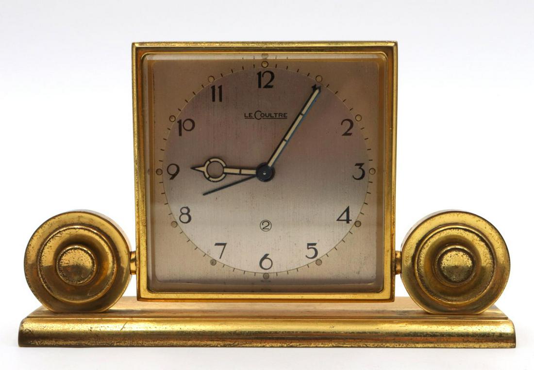 Vintage LeCoultre Brass Desk Alarm Clock: Vintage LeCoultre Brass Desk Alarm Clock. Measures approx. - 3 3/4" high x 5 1/2" wide.