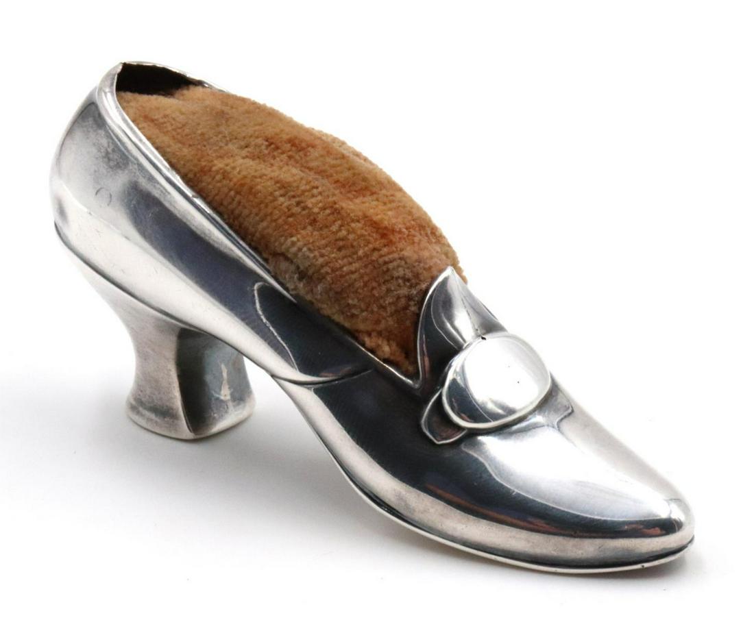 Gorham Sterling Silver Shoe Pin Cushion: Gorham Sterling Silver Shoe Pin Cushion. Measures approx. - 3 1/2" long. Weight - 90 grams.