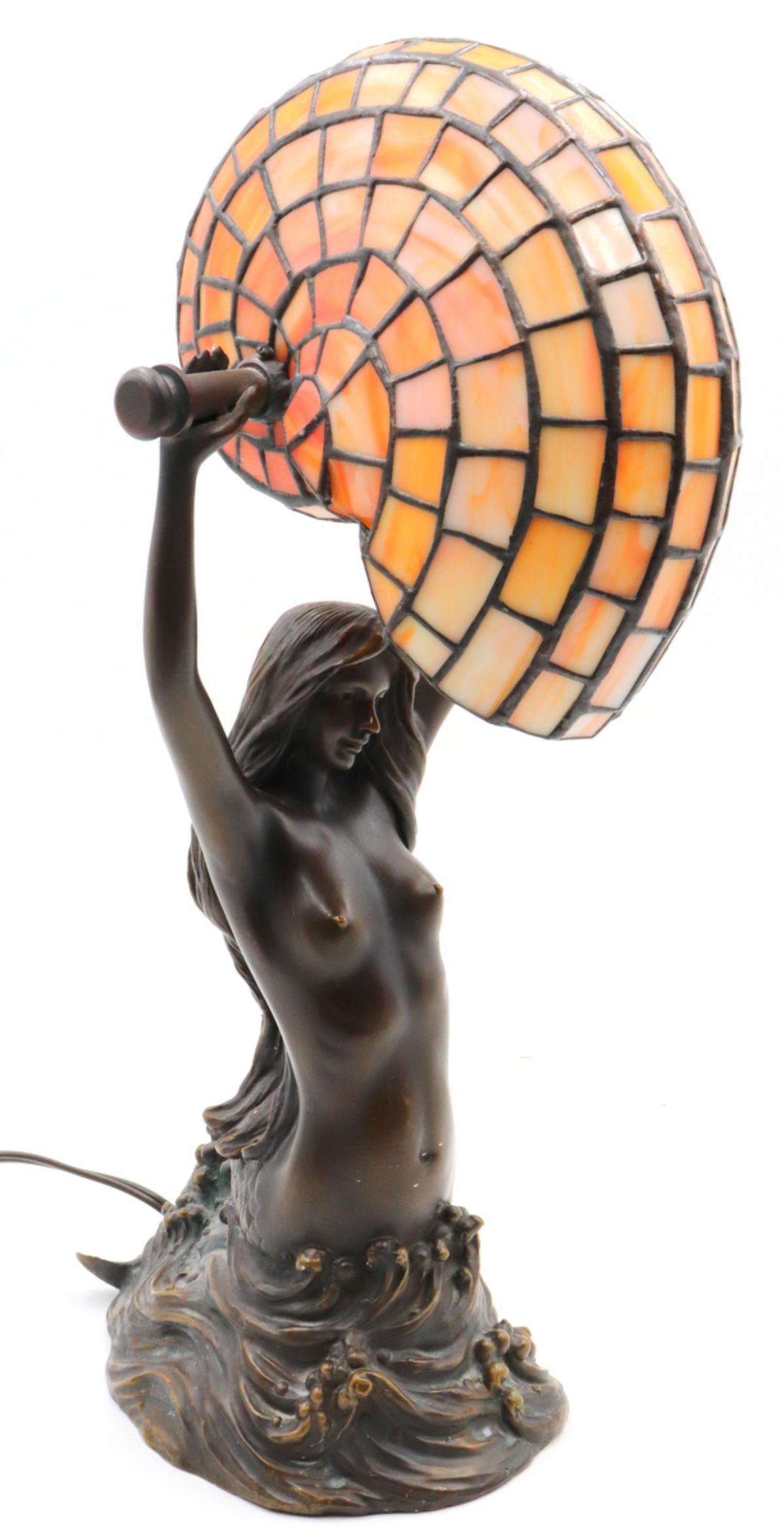 Art Nouveau Bronze & Stained Glass Nude Lamp: Art Nouveau Bronze & Stained Glass Nude Lamp. Signed Marina. Measures approx. - 17 1/2" high x 7 1/2" wide x 9 1/2" long.