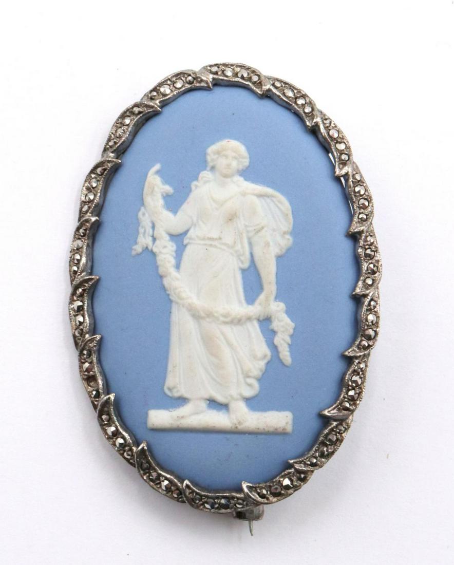 Wedgwood Sterling & Marcasite Brooch: Wedgwood Jasperware Sterling Silver & Marcasite Brooch. Measures approx. - 2 1/8" long x 1 1/2" wide.