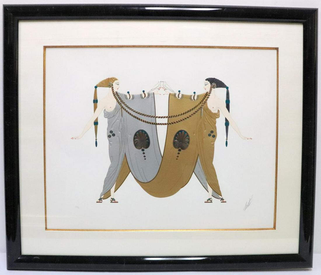 Erte "Sisters" Serigraph: Erte Romain de Tirtoff (Russian/French 1892-1990) "Sisters" Limited Edition Serigraph. Depicting two partially nude women in gold and silver dresses holding doves. Signed lower right. Numbered - CXII/
