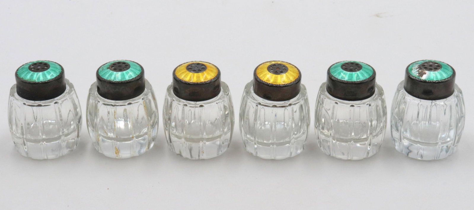Meka Denmark Sterling & Enamel Shakers: Meka Denmark Sterling & Enamel Salt & Pepper Shakers. Measures approx. - 1 1/2" high.