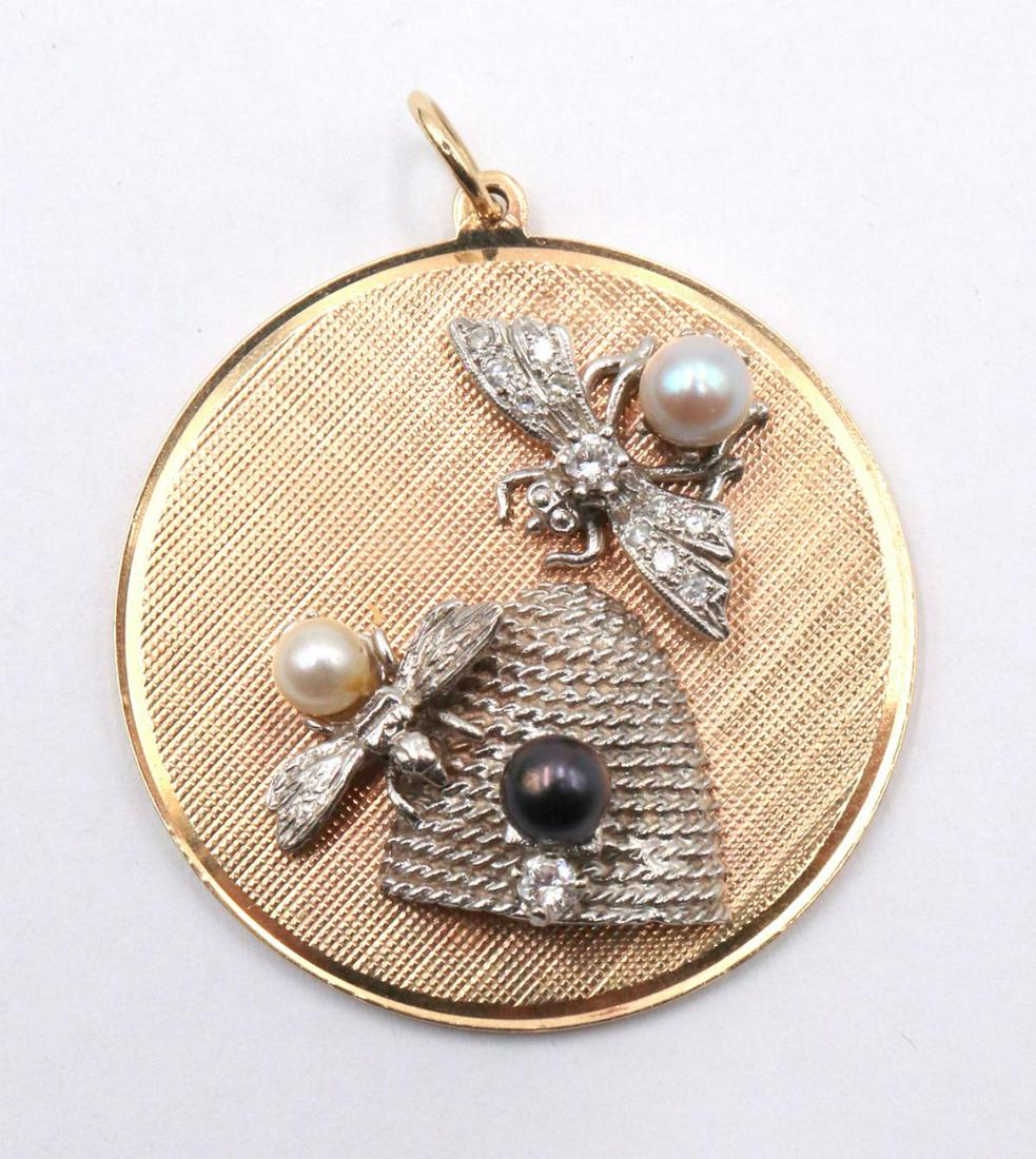 14Kt Two-Tone Diamond & Pearl Bee Pendant (1 of 2)