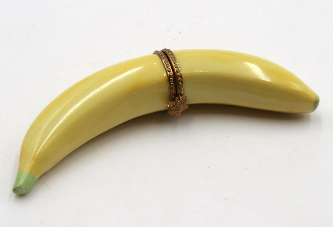 Limoges Hand Painted Porcelain Banana Pill Box: Limoges Hand Painted Porcelain Banana Pill Box. Measures approx. - 5 1/8" long.