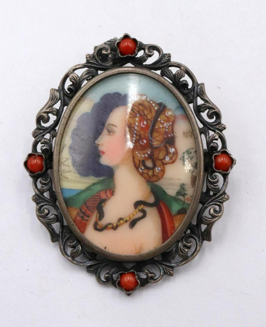 Vintage 800 Silver & Painted Portrait Brooch (1 of 2)