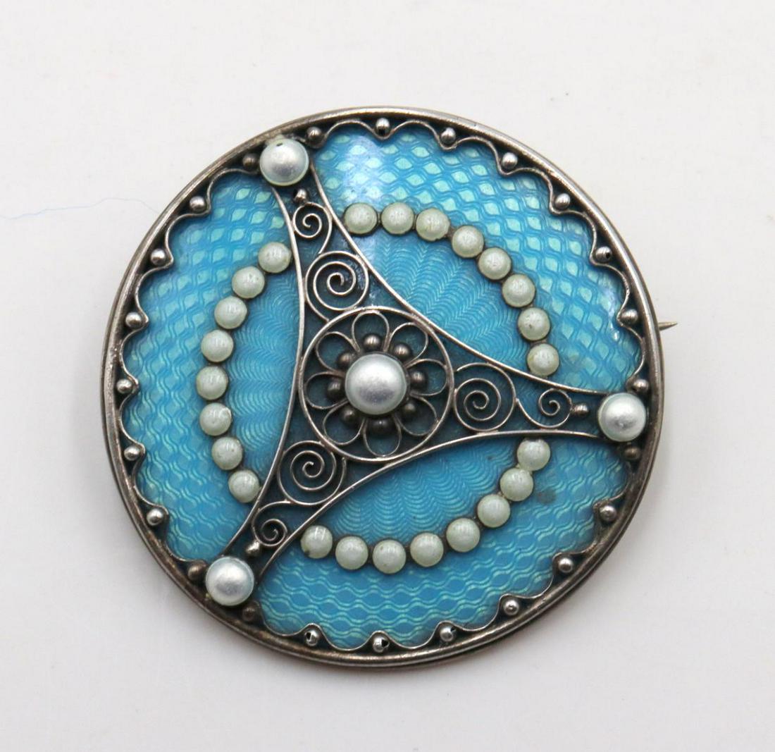 Vintage 930 Silver Enamel & Pearl Brooch (1 of 2)