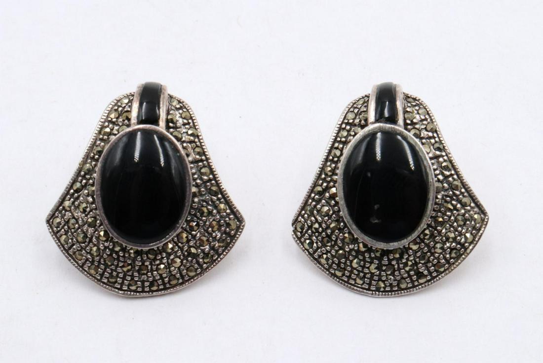 Sterling Marcasite & Onyx Earrings: Sterling Silver Marcasite & Onyx Earrings. Weight - 12 grams.