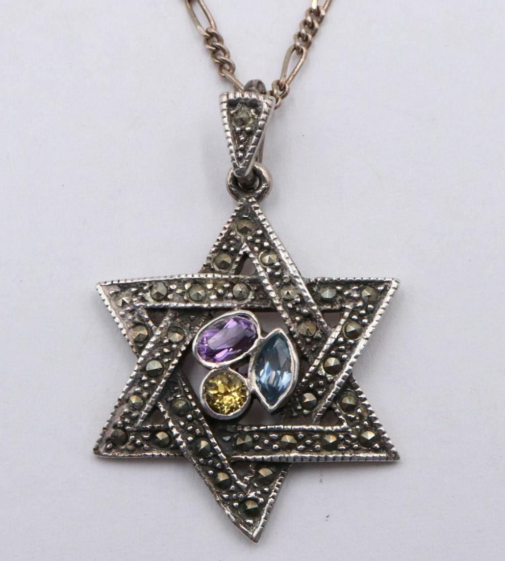 Sterling Star of David Pendant w/ Necklace: Sterling Silver Star of David Marcasite & Semi Precious Stone Pendant w/ Necklace. Measures - 20" long. Weight - 8.5 grams.