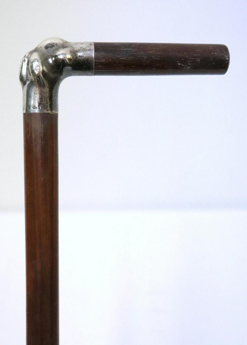 Vintage Sterling Silver & Wooden Cane: Vintage Sterling Silver & Wooden Cane. Measures approx. - 34 3/4" long. Marked "NH" silver mark.