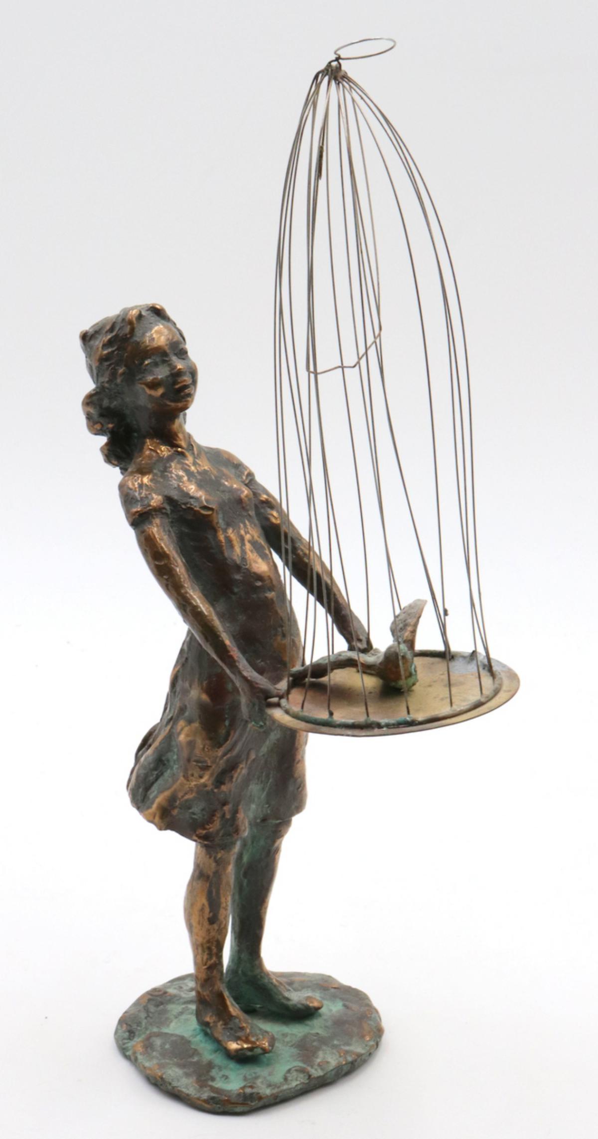 Signed Heavy Brass Girl w/ Birdcage (1 of 3)