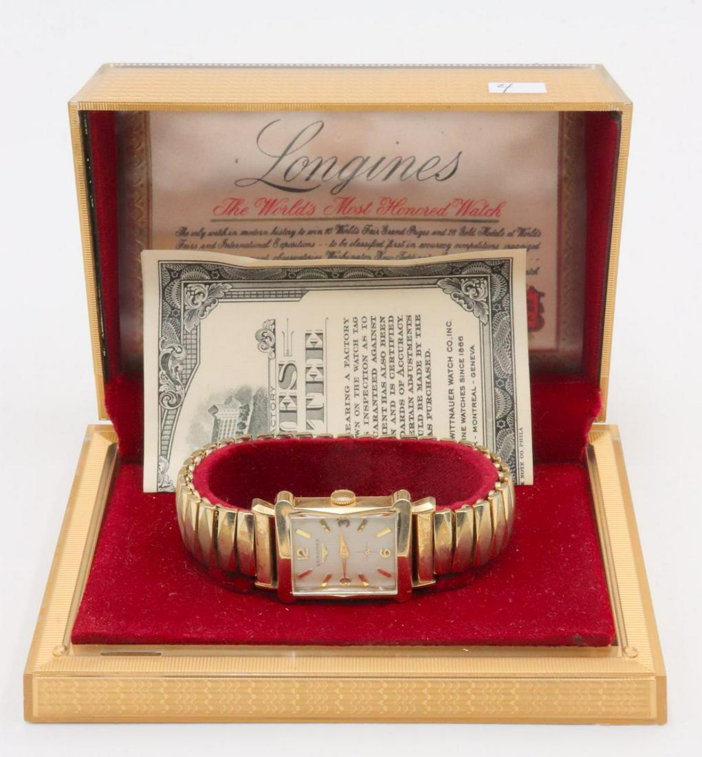 Longines 1952 Gold Filled Wristwatch: Longines 1952 Gold Filled Wristwatch, fancy case. 17 jewels, original box with original engraved warranty certificate.