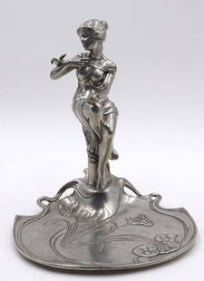 William Roberts Art Nouveau Pewter Figural Tray: William Roberts Art Nouveau Pewter Figural Tray. Measures approx. - 8" high x 7" wide.