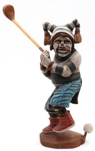 Richard Gorman "Tiger Woods Eat Your Heart Out" Sculpture: Richard Gorman "Tiger Woods Eat Your Heart Out" Koshare Kachina Hand Carved Sculpture. Measures approx. - 13 1/2" high x 8 3/4" wide. (with gold club on). Owner originally paid $2,814 in 1998.