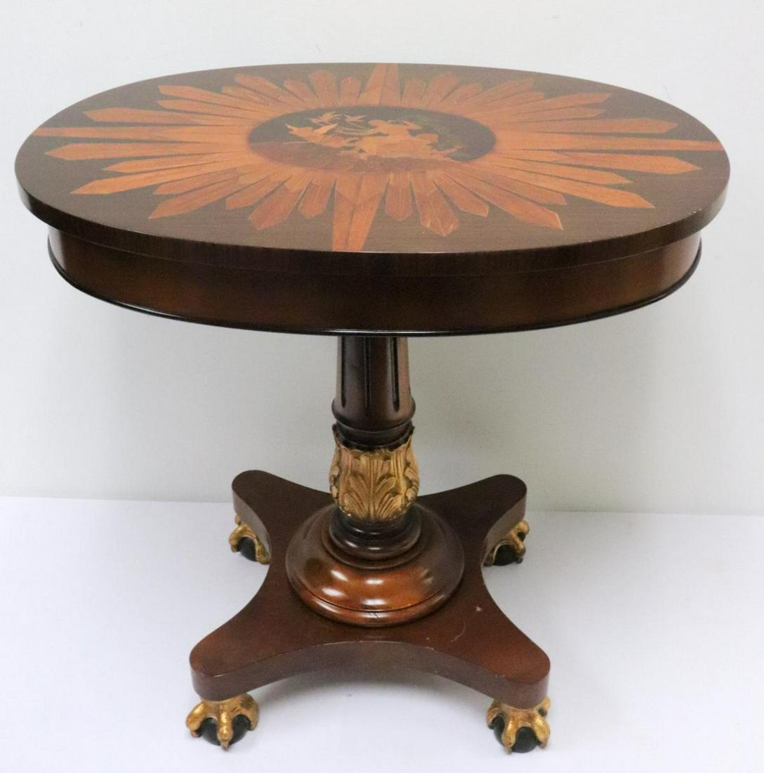 Unique Hilda Flack Inlaid Wooden Footed Table: Unique Hilda Flack Inlaid Wooden Footed Table. Measures approx. - 27" high x 27" wide x 19 1/2" deep.