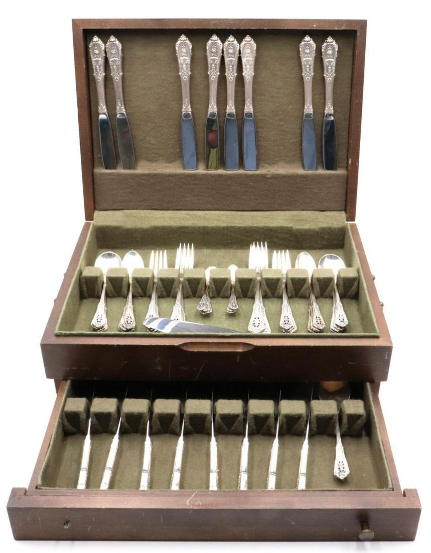 58 Pc. Wallace "Rose Point" Dinner Sterling Flatware Set (1 of 8)