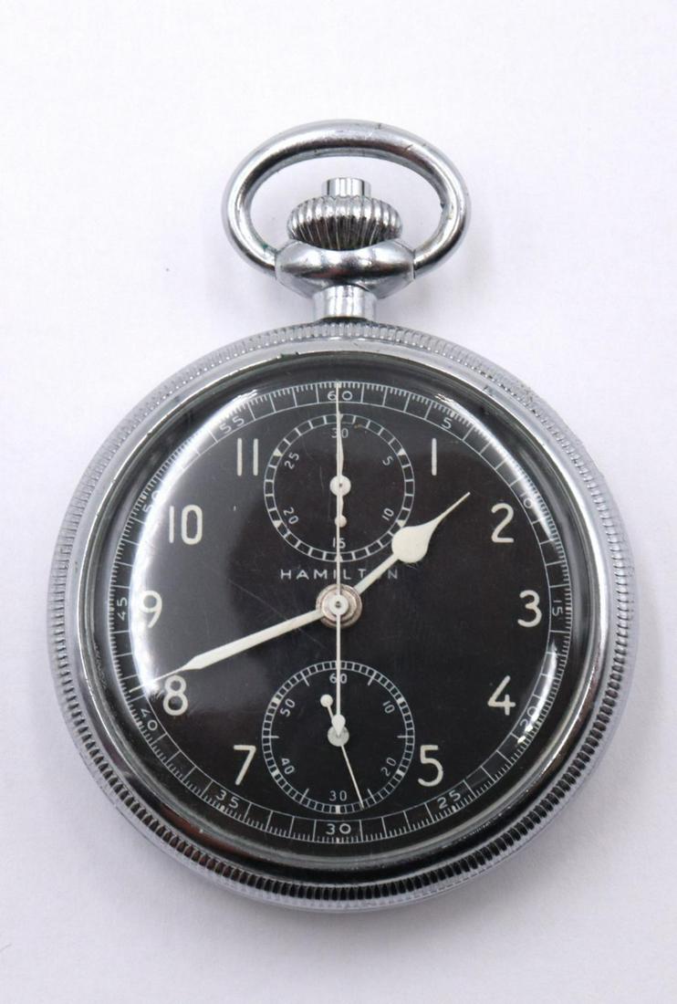 Hamilton WWII Chronograph Pocket Watch: Hamilton Model 23 WWII Military Chronograph Pocket Watch. Navigation, 19 jewels, 3 pos stop watch. Has military numbers on back cover. Excellent running condition.