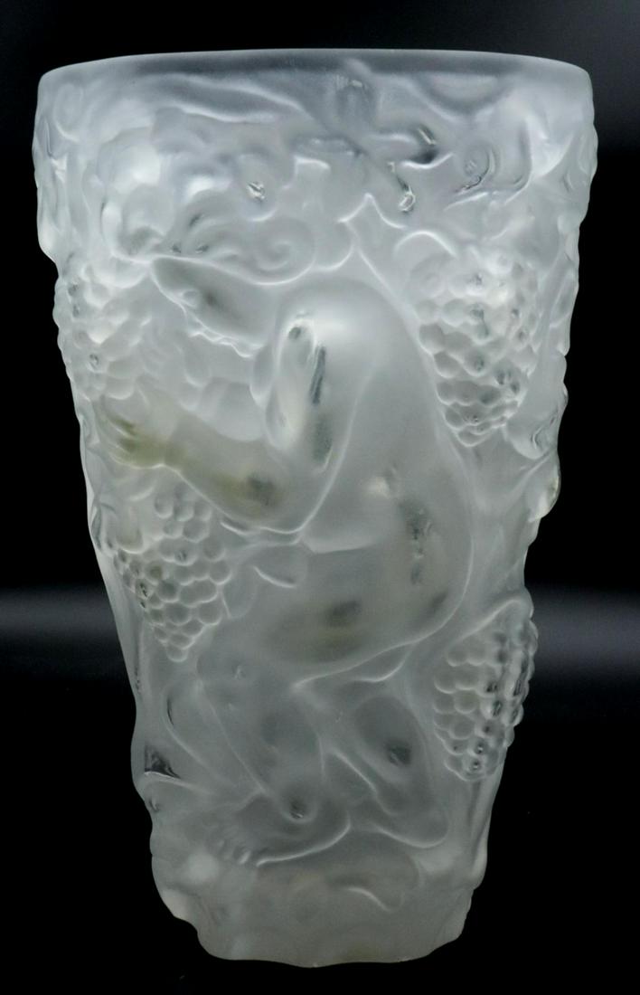 Vintage Frosted Crystal Vase: Vintage Frosted Crystal Vase. Depicting cherub and grape motif. Measures approx. - 11 1/2" high x 7 1/4" wide. Please note - this vase has chips on base.