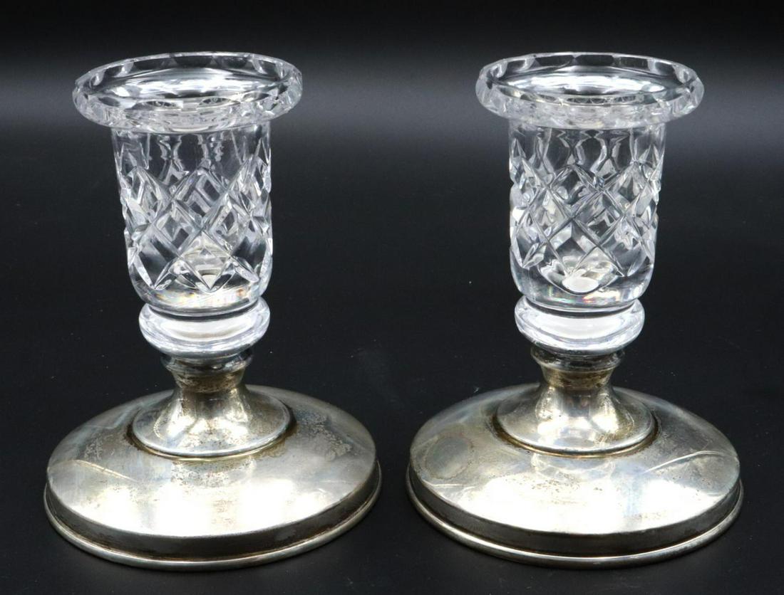 Hawkes "Delft Diamond" Crystal & Sterling Candle Sticks: Hawkes "Delft Diamond" Crystal & Sterling Silver Candle Sticks. Measures approx. - 4 5/8" high x 3 5/8" diameter.