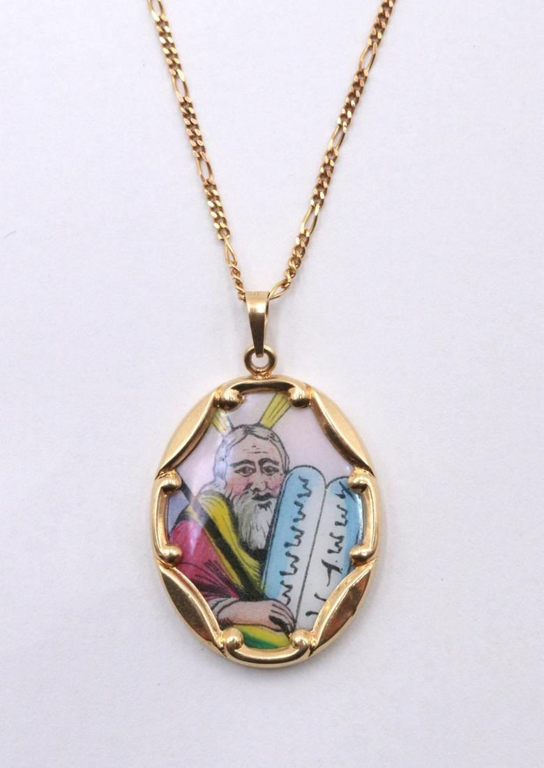 14Kt & Porcelain Pendant w/ Chain: 14Kt Yellow Gold & Moses w/ 10 Commandments Tablet Porcelain Pendant w/ Chain. Pendant - 2.5 dwt. Necklace - 1.3 dwt.