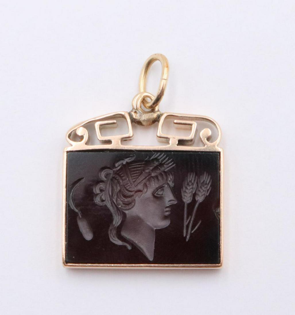 14Kt & Intaglio Cut Cameo Watch Fob: 14Kt Yellow Gold & Intaglio Cut Cameo Watch Fob. Weight - 2.75 dwt.