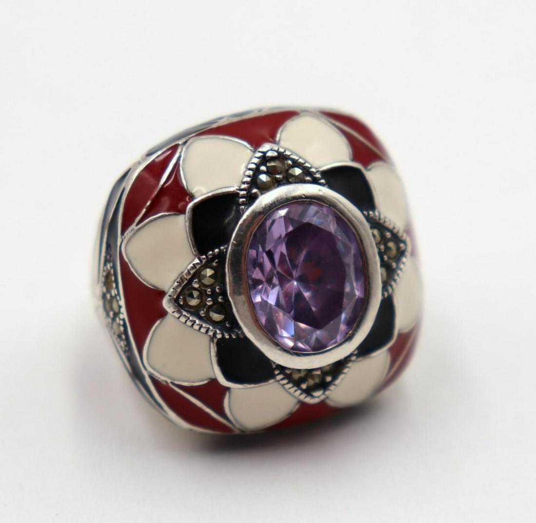 Sterling Amethyst, Marcasite & Enamel Ring (1 of 2)