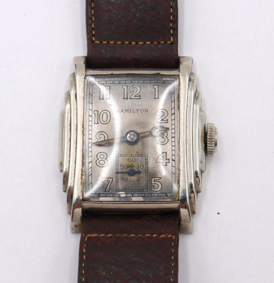 Hamilton Gold Filled Wristwatch: Hamilton Gold Filled Wristwatch. Much rarer than yellow gold filled. 987 F cal. 1932, step case period band.
