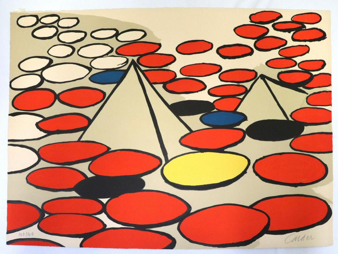 Alexander Calder "Le Demi Soleil" Lithograph, Unframed: Alexander Calder (American 1898-1976) "Le Demi Soleil, 1970" ("Pyramids & Circles") Signed Lithograph in Colors on Arches Paper. Unframed. Signed "Calder" lower right. Numbered - #100/100 bottom left.