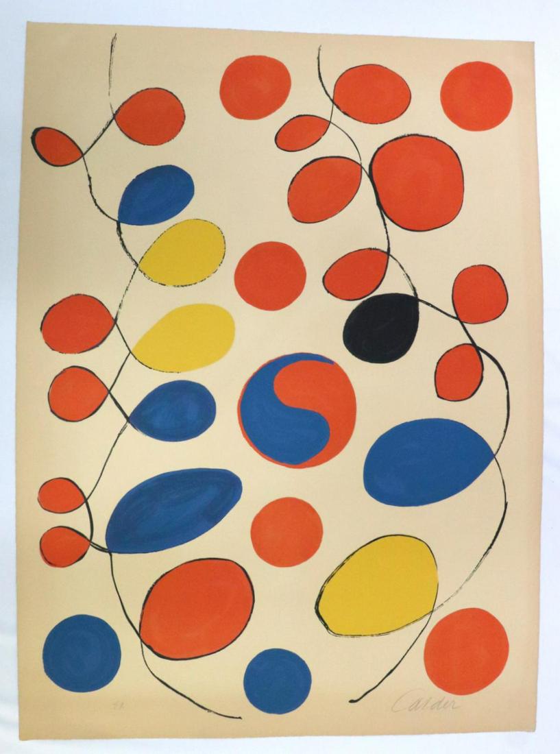 Alexander Calder "Loops" Lithograph, Unframed: Alexander Calder (American 1898-1976) "Loops, 1970" Signed Lithograph in Colors on Arches Paper. Unframed. Signed "Calder" lower right. "E.A." bottom left. Measures approx. - 31 7/8" high x 23 3/8" wi