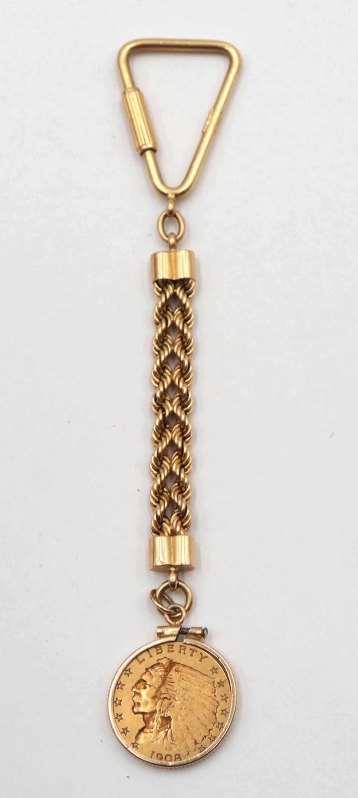 18Kt Key Chain w/ 1908 Indian Head Gold Coin (1 of 3)