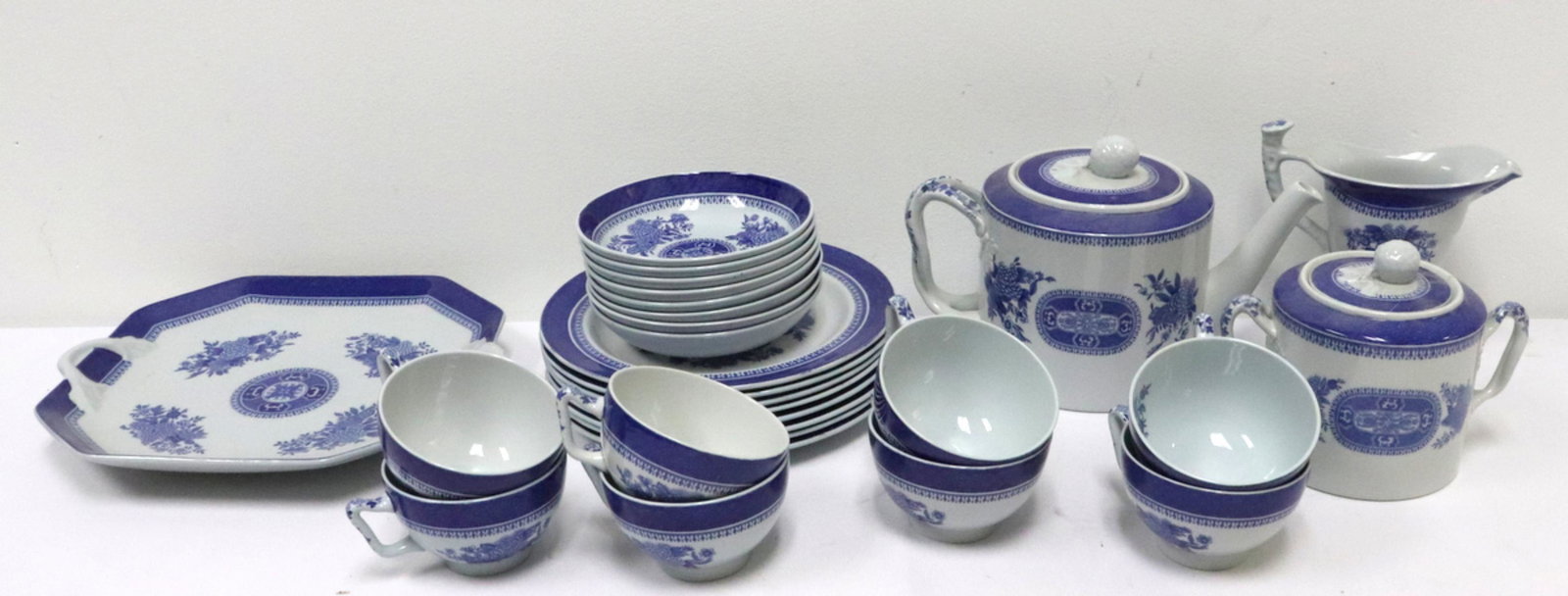 28 Pc. Spode "Fitzhugh" Newstone Set: 28 Pc. Spode "Fitzhugh" Newstone Set. 8 cups, 8 bread and butter plates, 8 waste bowls, 1 tea pot, 1 creamer, 1 covered sugar (top has been repaired), and 1 tray.