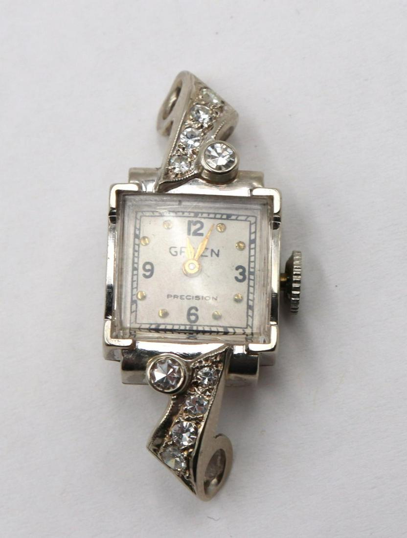 Gruen 14Kt Ladies Wristwatch: Gruen 14Kt White Gold Ladies Wristwatch. 1937. Weight - 2.87 dwt (without movement). 10 diamonds.