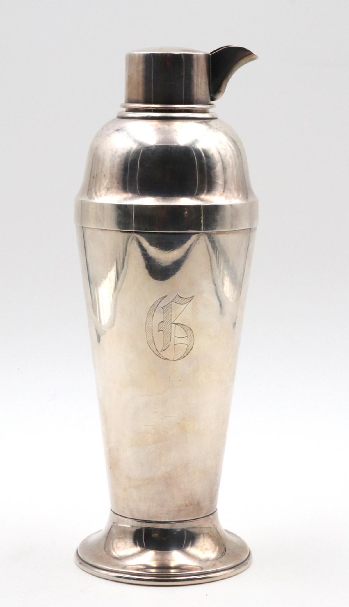 Vintage 950 Sterling Silver Martini Shaker: Vintage 950 Sterling Silver Martini Shaker. Measures approx. - 10 1/4" high x 3 3/8" diameter. Weight - 13.245 troy oz. Marked "950". Monogrammed "G". "X-Mas 1952 to Bob from Lyler".