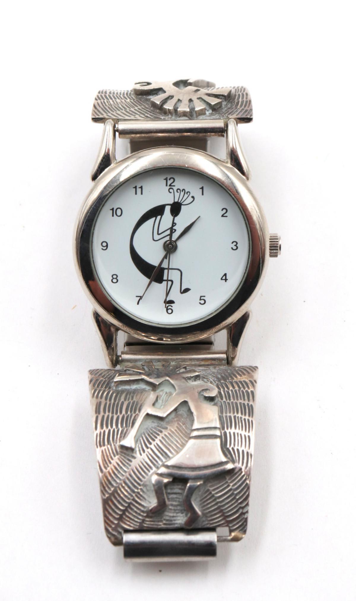 Navajo Sterling Silver Watch: Navajo Native American Sterling Silver Watch. Signed watch band with working watch.