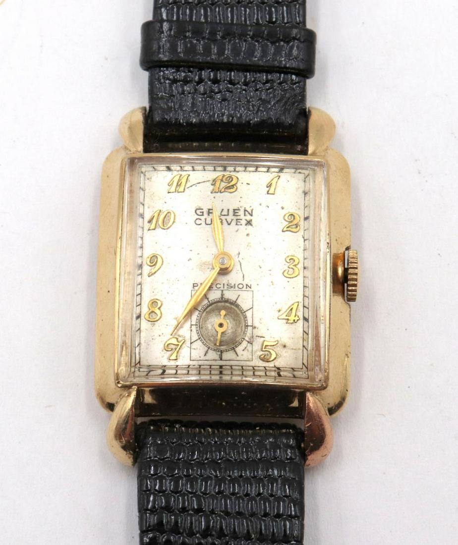 Gruen Curvex Precision Wristwatch: Gruen Curvex Precision Wristwatch. Fancy gold filled case. Curved crystal, 17 jewels.