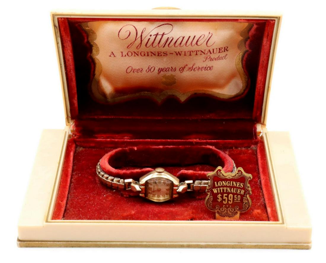 Wittnauer 1940's 17J Gold Filled Wristwatch: Wittnauer 1940's 17J Gold Filled Wristwatch. Stainless steel back, in original box and original price tag.