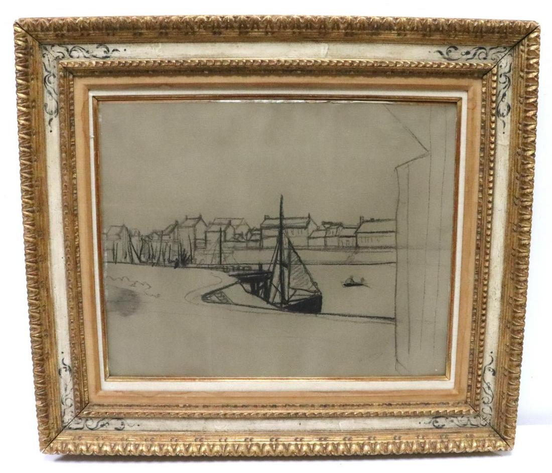 Andre Derain (French 1880-1954) Crayon on Paper: Andre Derain (French 1880-1954) Crayon on Paper Laid Down on Canvas. "Bateau a Gravelines" (Mer du Nord) circa 1934-1935. Signed lower right. Dated 2003. Measures approx. - 18 1/4" x 23". With frame -