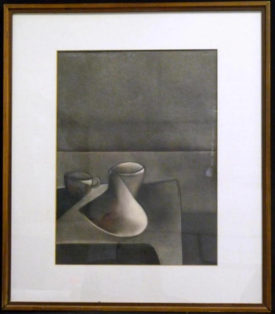 Cesar Menendez (Salvadoran, b. 1954) Mixed Media: Cesar Menendez (Salvadoran, b. 1954) Mixed Media. Depicting a still life scene. Signed and dated 1983 upper left. Inscribed New York upper right. Measures 22" (56cm) x 16 1/4" (41.2cm) + 5" (12.7cm) m